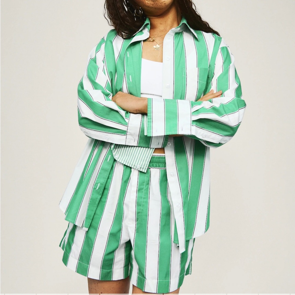 Organic Cotton Poplin Big Shirt Green Stripe